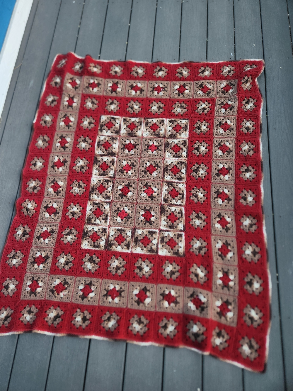 Handmade Red and Tan Crochet Granny Square Throw Blanket - Home Bedding - Picture 4 of 7